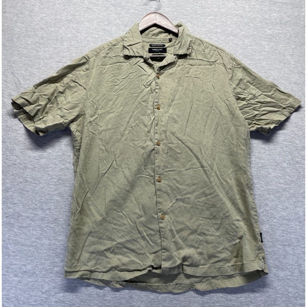 Kenneth Cole New York Shirt Mens Large Olive Green Slim Fit Collared Button Up